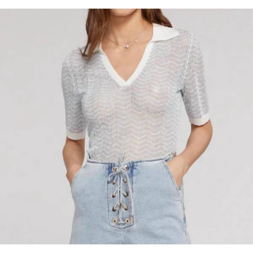 NEW GENERATION LOVE skyler pointelle top in metallic aqua/white
